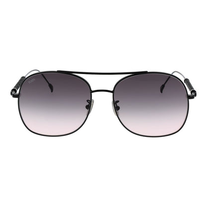 Tod's Black Metal Sunglasses with full-rim round black metal frame and grey gradient lenses, includes branded case for women.