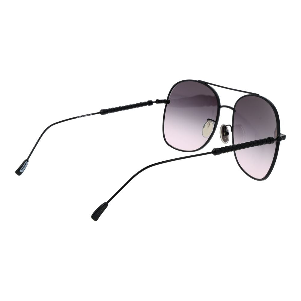 Tod's Black Metal Sunglasses with grey gradient lenses, full-rim round style, 100% UVA & UVB protection, includes branded case.