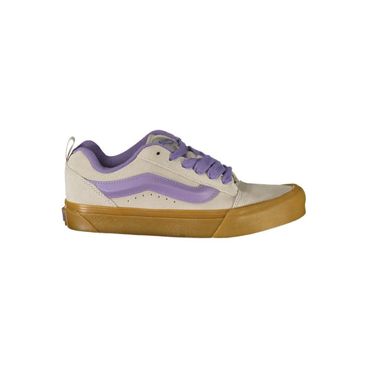 Vans Gray Leather Women Sneaker with Wisteria accents, featuring lace-up design and gum sole, perfect for casual style.
