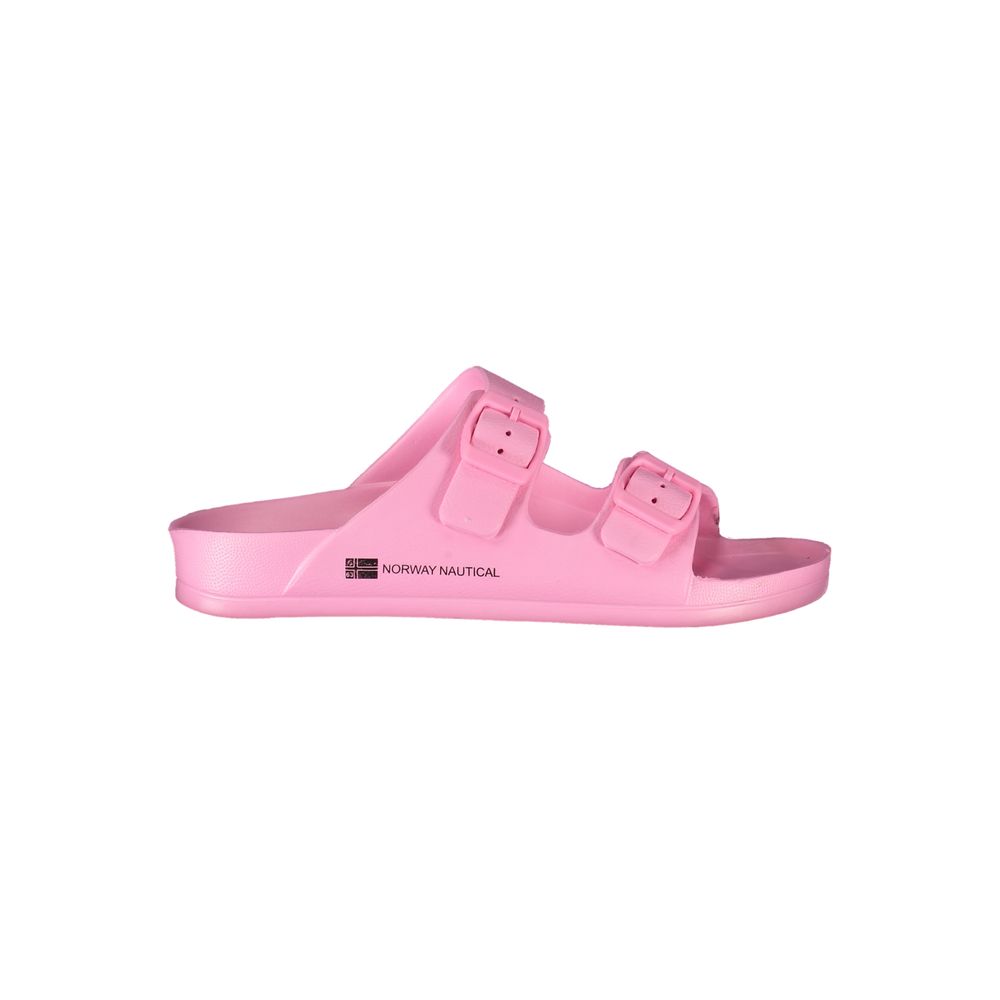 Norway 1963 Pink Plastic Women Sandal with twin buckles, durable design, and stylish logo, perfect for adding color to any outfit.