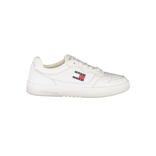 Tommy Hilfiger White Leather Mens Sneaker with logo, sleek sporty design, and comfortable removable footbed for modern style.
