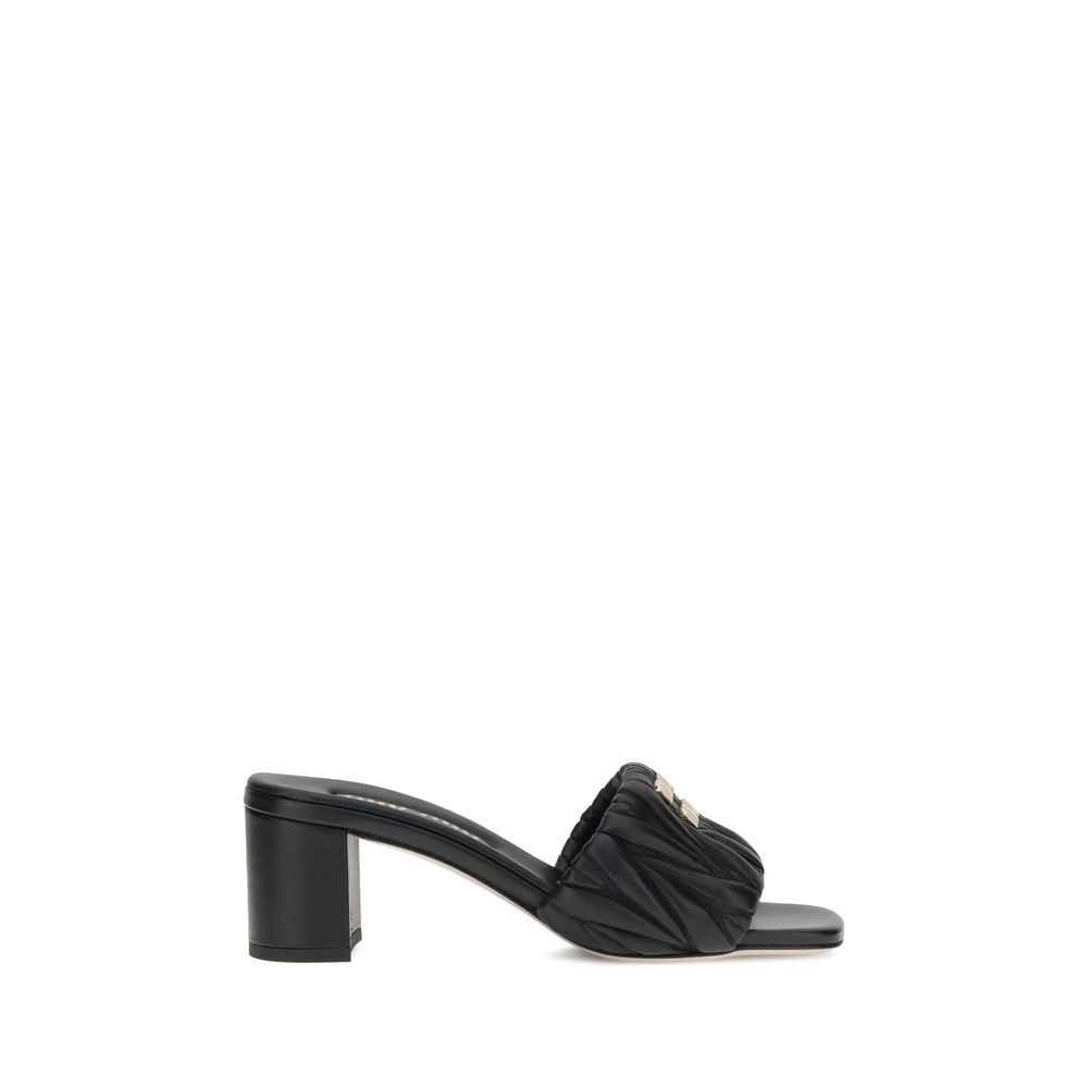 Miu Miu Black Lamb Ovis Aries Aries Stiletto Heel Sandals with squared toe and metal monogram plaque
