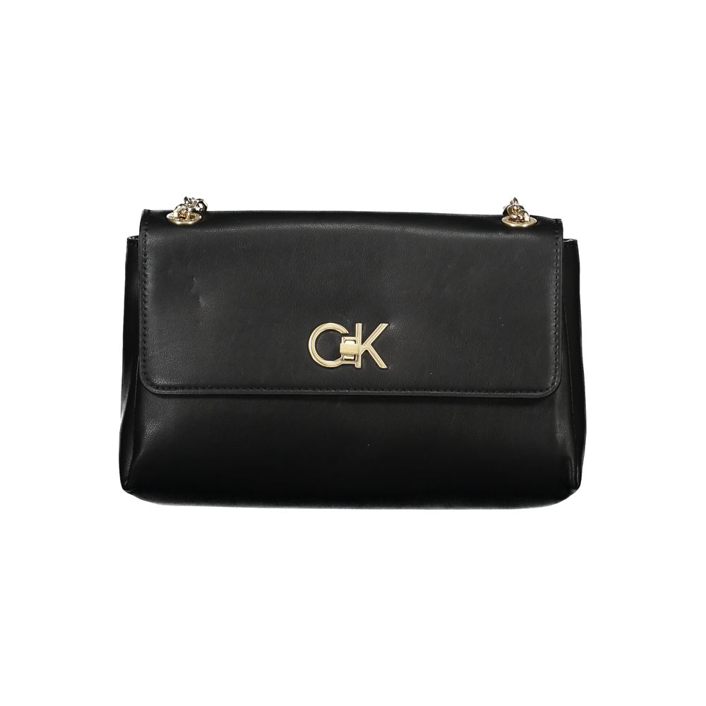 Calvin Klein black polyester handbag with chain shoulder handles, logo, external pocket, and recycled materials.