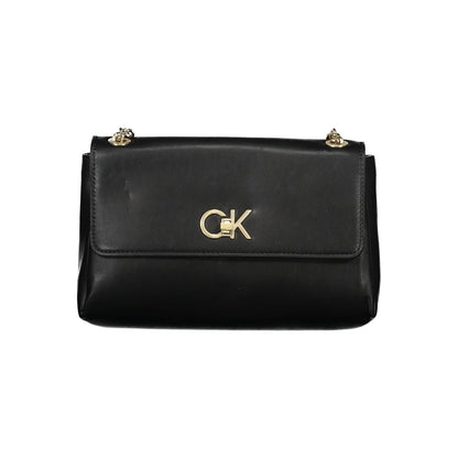 Calvin Klein black polyester handbag with chain shoulder handles, logo, external pocket, and recycled materials.