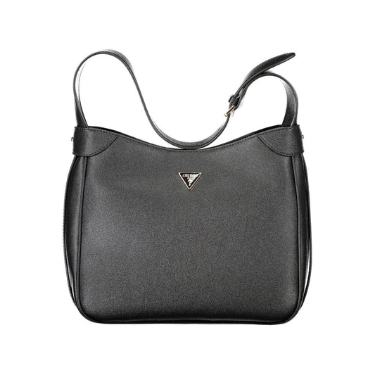 Guess Jeans Black Polyethylene Handbag with adjustable shoulder handle and snap closure, featuring internal pocket and document spaces.