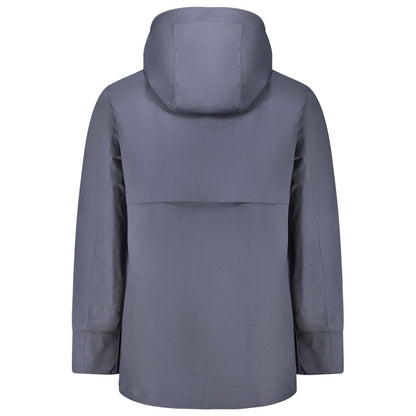 Back view of K-WAY Blue Wool Men Trench Coat with removable hood and sleek design.