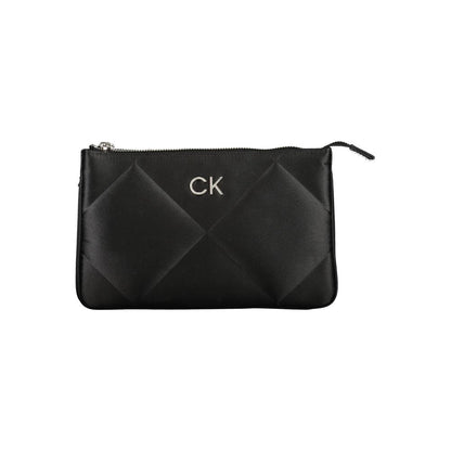 Calvin Klein Black Polyester Handbag with adjustable strap, two compartments, and zip closure, featuring contrasting details and internal card pocket.