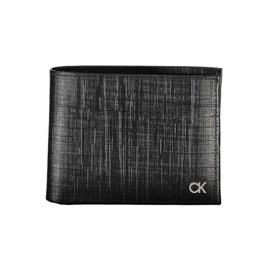 Calvin Klein Black Leather Wallet with coin purse, card slots, contrast details, RFID blocking, and logo.