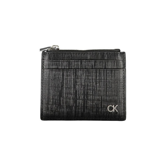 Calvin Klein Black Leather Wallet with card holder, central pocket, zip closure, and logo design.