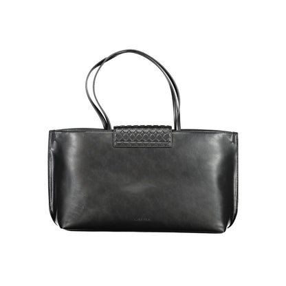 Calvin Klein Black Polyester Handbag with contrast details, double shoulder handles, magnetic closure, and one internal pocket.