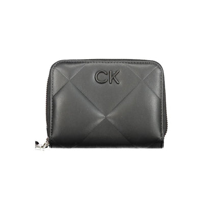 Calvin Klein Black Polyester Wallet featuring RFID blocking, zip closure, card slots, coin purse, and contrasting details.