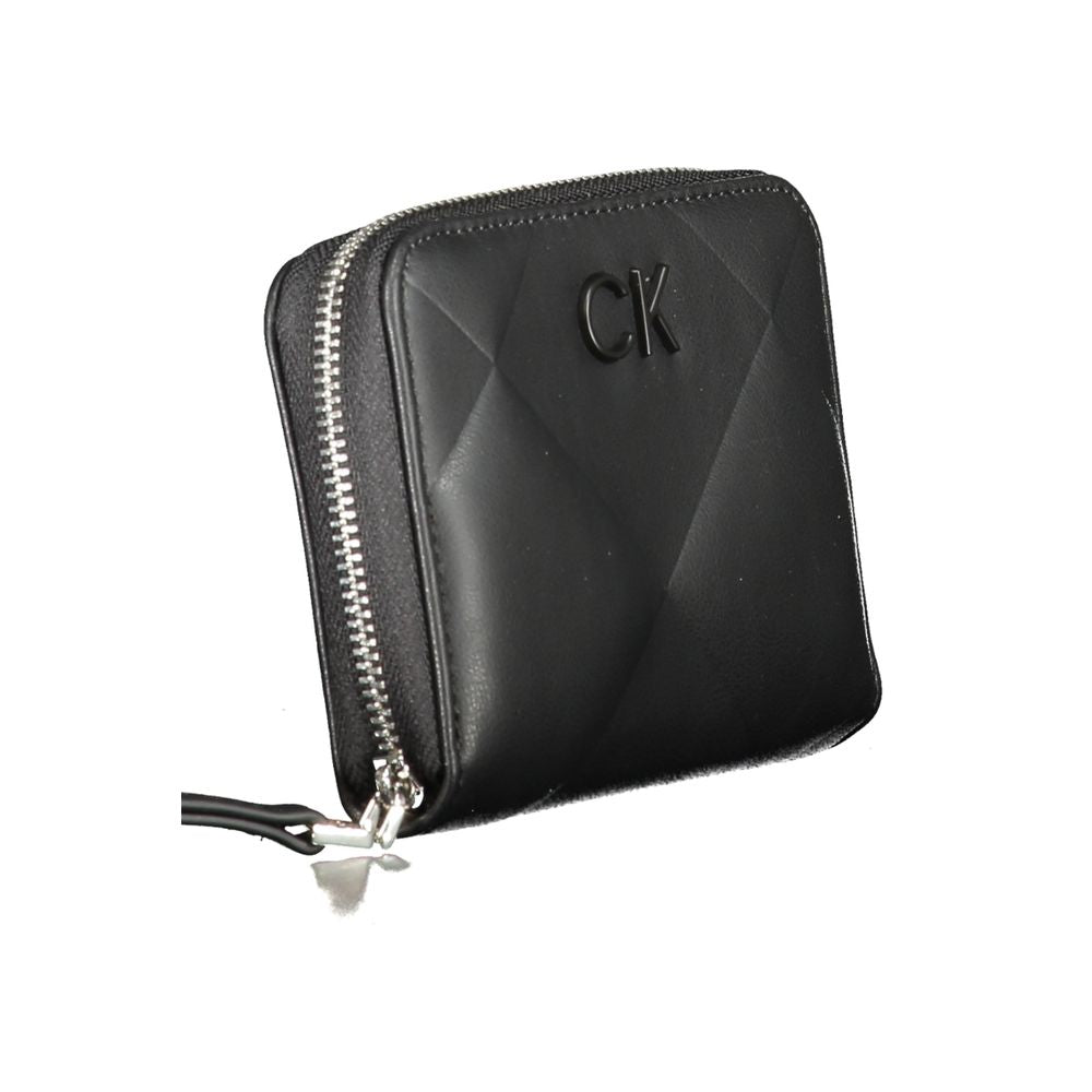 Calvin Klein Black Polyester Wallet with zip closure, card slots, coin purse, RFID blocking, recycled material, and logo detail.