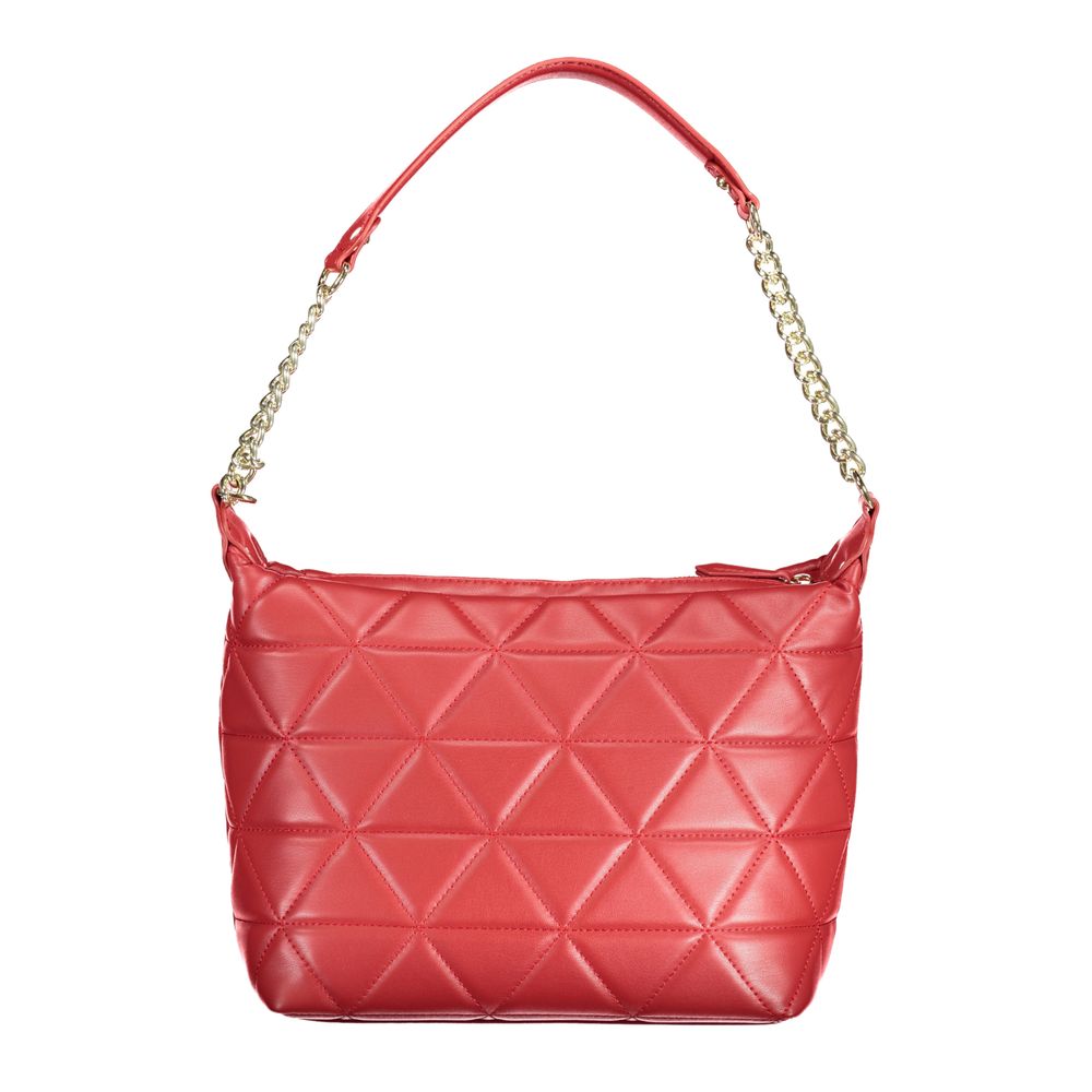 Mario Valentino Red Polyethylene Handbag with chain shoulder handle and zip closure, featuring internal pockets and phone holder.