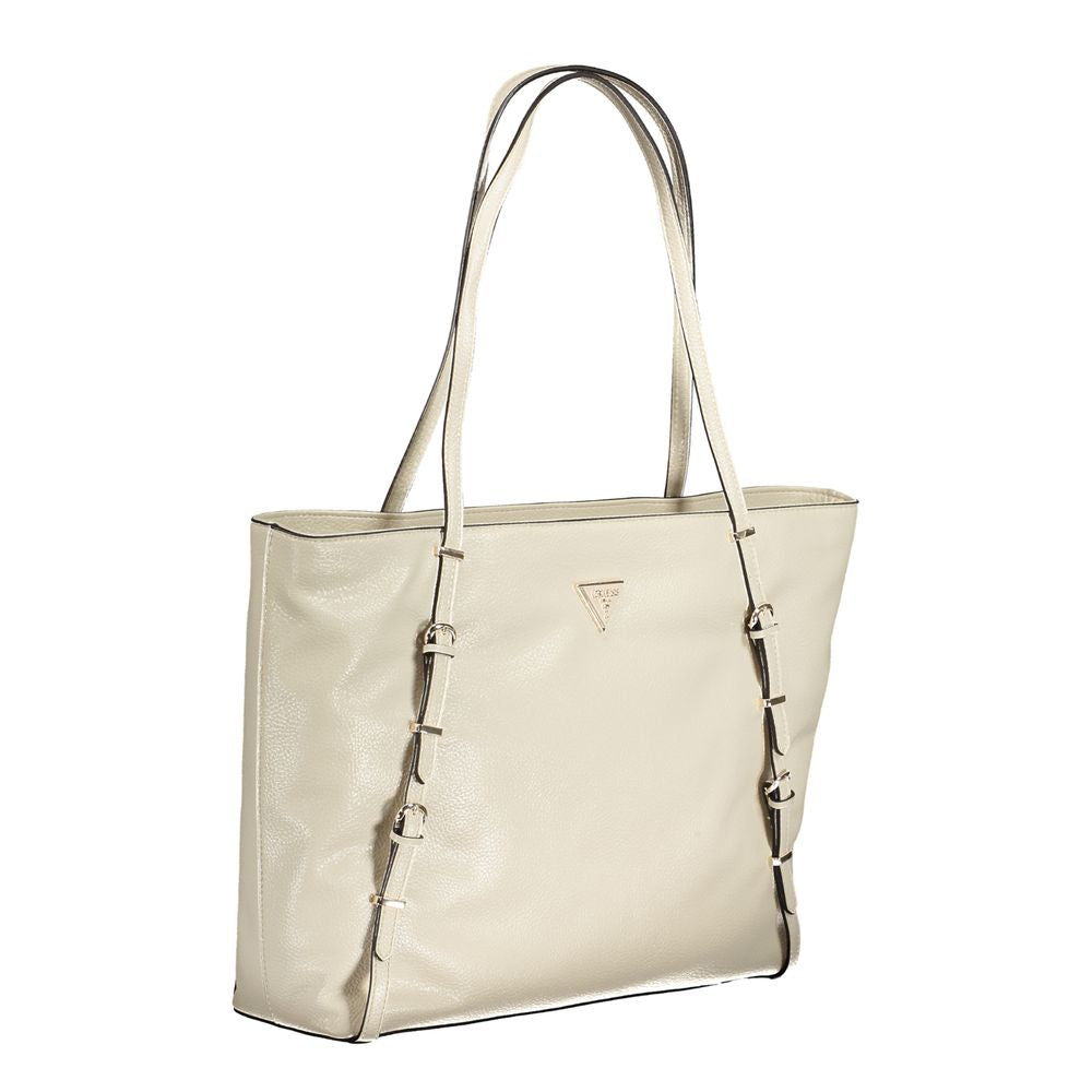 Guess Jeans Beige Polyethylene Handbag with shoulder handles, external pocket, internal phone holder, contrasting details, and protective feet.