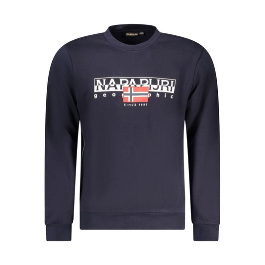 Napapijri Blue Cotton Men Sweater with long sleeves, crew neck, and distinctive print featuring the iconic Napapijri logo.