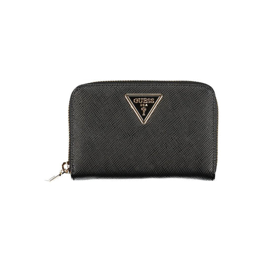 Guess Jeans Black Polyethylene Wallet with zip closure, logo, coin purse, card spaces, and contrasting details.