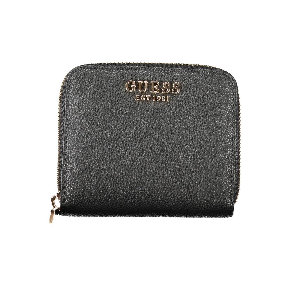 Guess Jeans Black Polyethylene Wallet with logo, card spaces, coin purse, and zip closure.