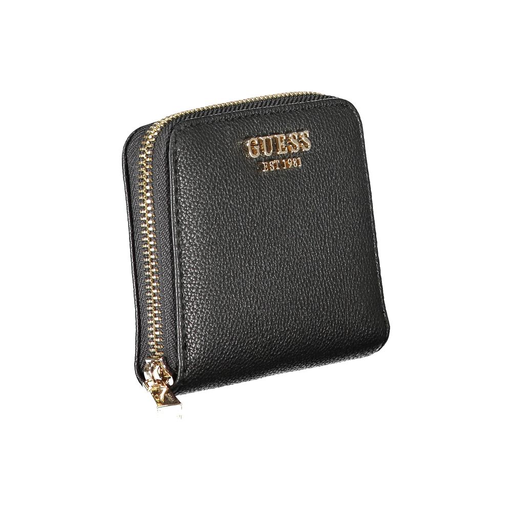 Guess Jeans Black Polyethylene Wallet featuring zip closure, coin purse, and card spaces with logo.