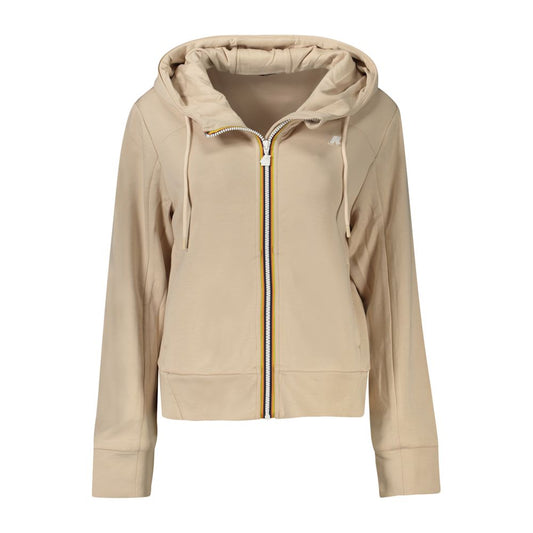 Hooded beige zip-up sweatshirt with stylish design details, featuring long sleeves and a sleek appearance.