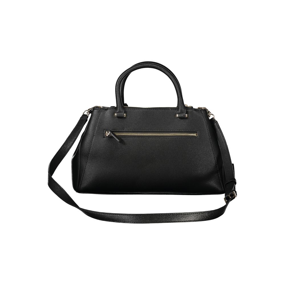 Guess Jeans Black Polyethylene Handbag with ribbon design, adjustable shoulder strap, and multiple pockets.