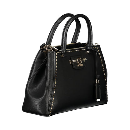 Guess Jeans Black Polyethylene Handbag with ribbon design, adjustable strap, logo, and protective feet.