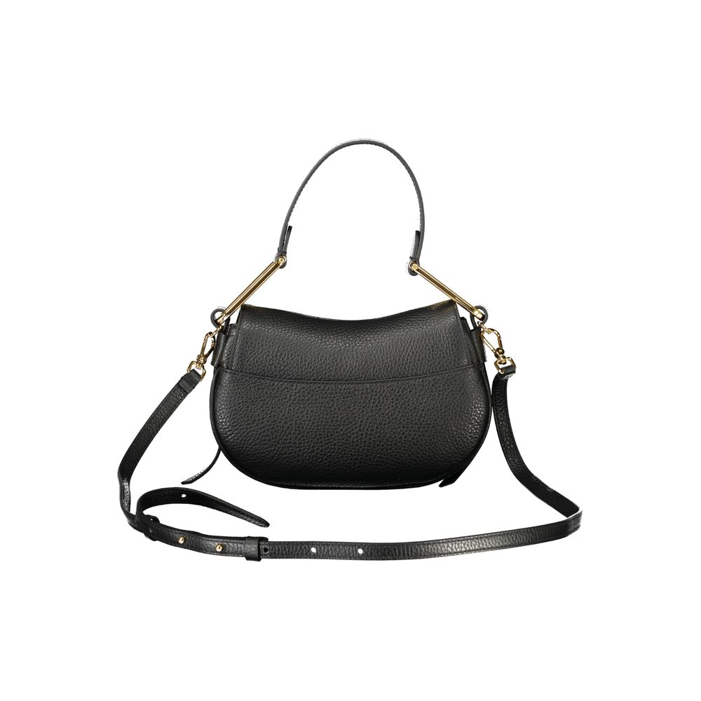 Coccinelle Black Leather Handbag with adjustable removable shoulder strap, twist closure, and logo detailing.