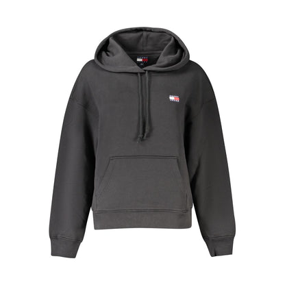 Tommy Hilfiger Black Cotton Women Sweater with hood and logo embroidery, featuring long sleeves and a central pocket for a chic casual look.