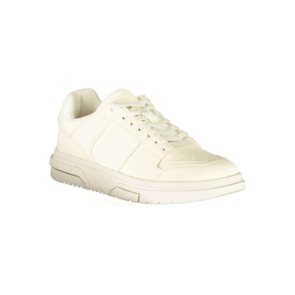 Tommy Hilfiger White Polyester Sneaker with laces, contrast details, and logo, perfect for sports footwear.