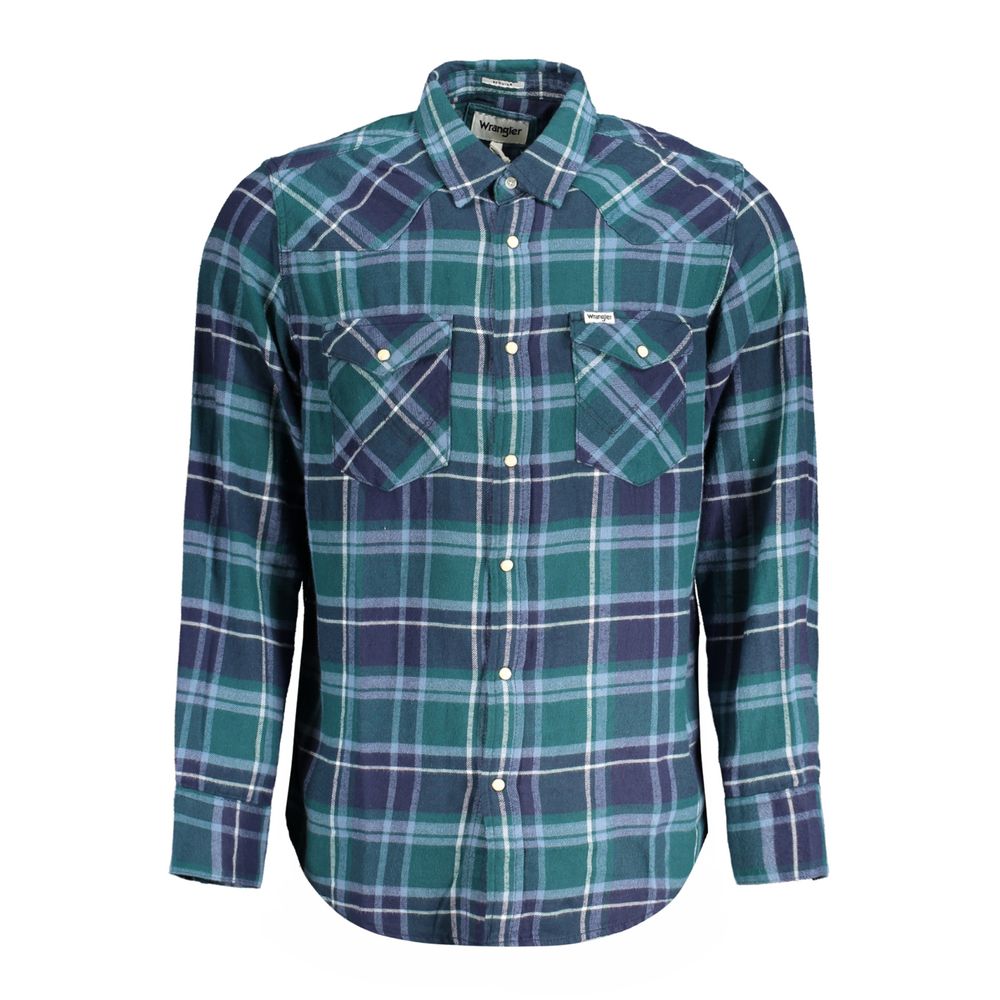 Wrangler Green Cotton Shirt - Long sleeve Scottish flannel with Italian collar, regular fit, automatic cuffs and pockets, logo detail.