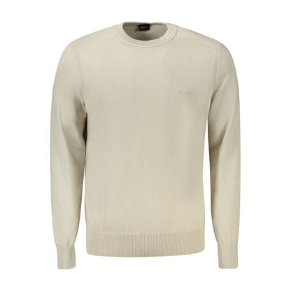 Hugo Boss Beige Cotton Sweater with Long Sleeves and Crew Neck, Featuring Embroidery and Logo