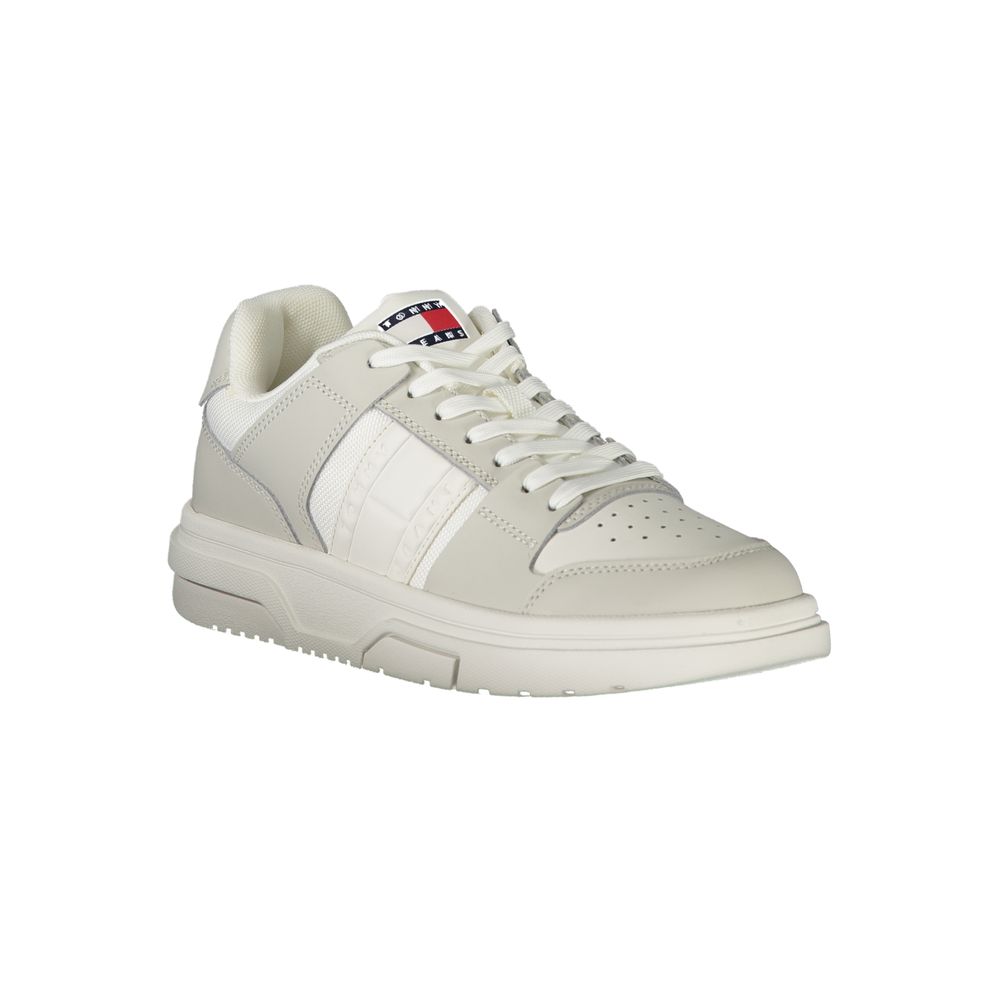 Tommy Hilfiger White Polyester Sneaker with grey accents, lace-up style, removable footbed, and logo detail.