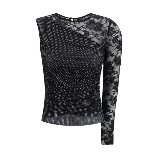 Self-Portrait One-shoulder lace and rhinestone Top SE-PF25100TBBLACK-10