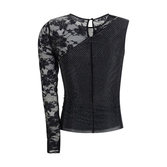 Self-Portrait One-shoulder lace and rhinestone Top SE-PF25100TBBLACK-10