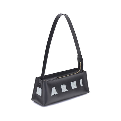 Marni Black Calf Leather Bos Taurus Shoulder Bag with stitched logo and zipper closure, sized 28x28x9, elegant design for everyday style.