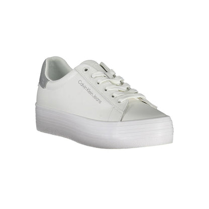 Calvin Klein White Polyester Sneaker with laces and logo, made from 100% recycled polyester, featuring contrasting details.