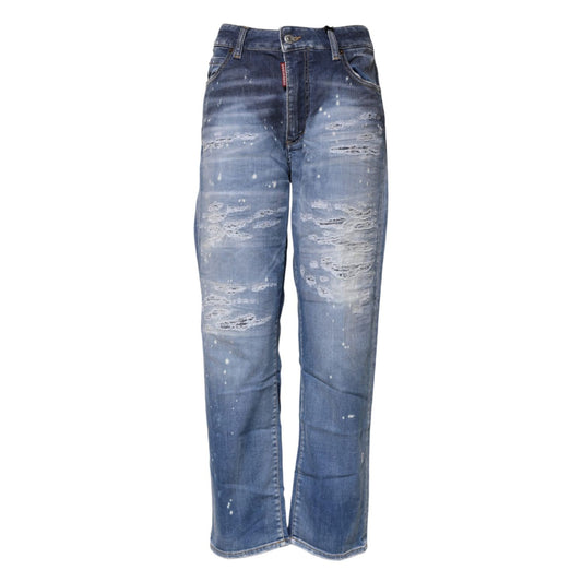 Dsquared² Blue Tattered Cotton Mid Waist Straight Denim Jeans PAN74484-38