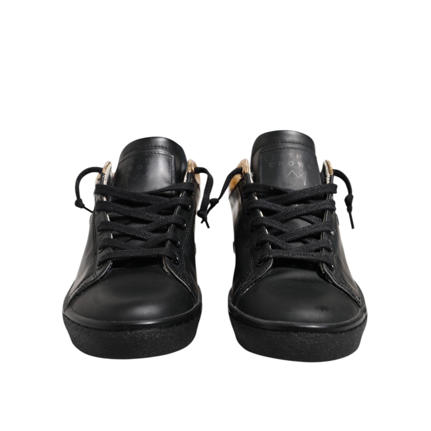 Leather Crown Black Gold Lace Up Low Top Women Sneakers Shoes