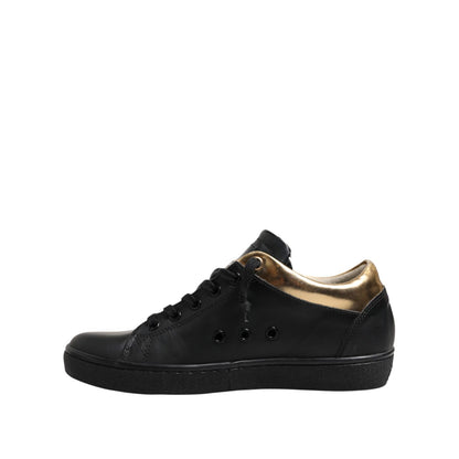 Leather Crown Black Gold Lace Up Low Top Women Sneakers Shoes