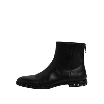 Dolce & Gabbana Black Leather Logo Ankle Boots Studded Shoes