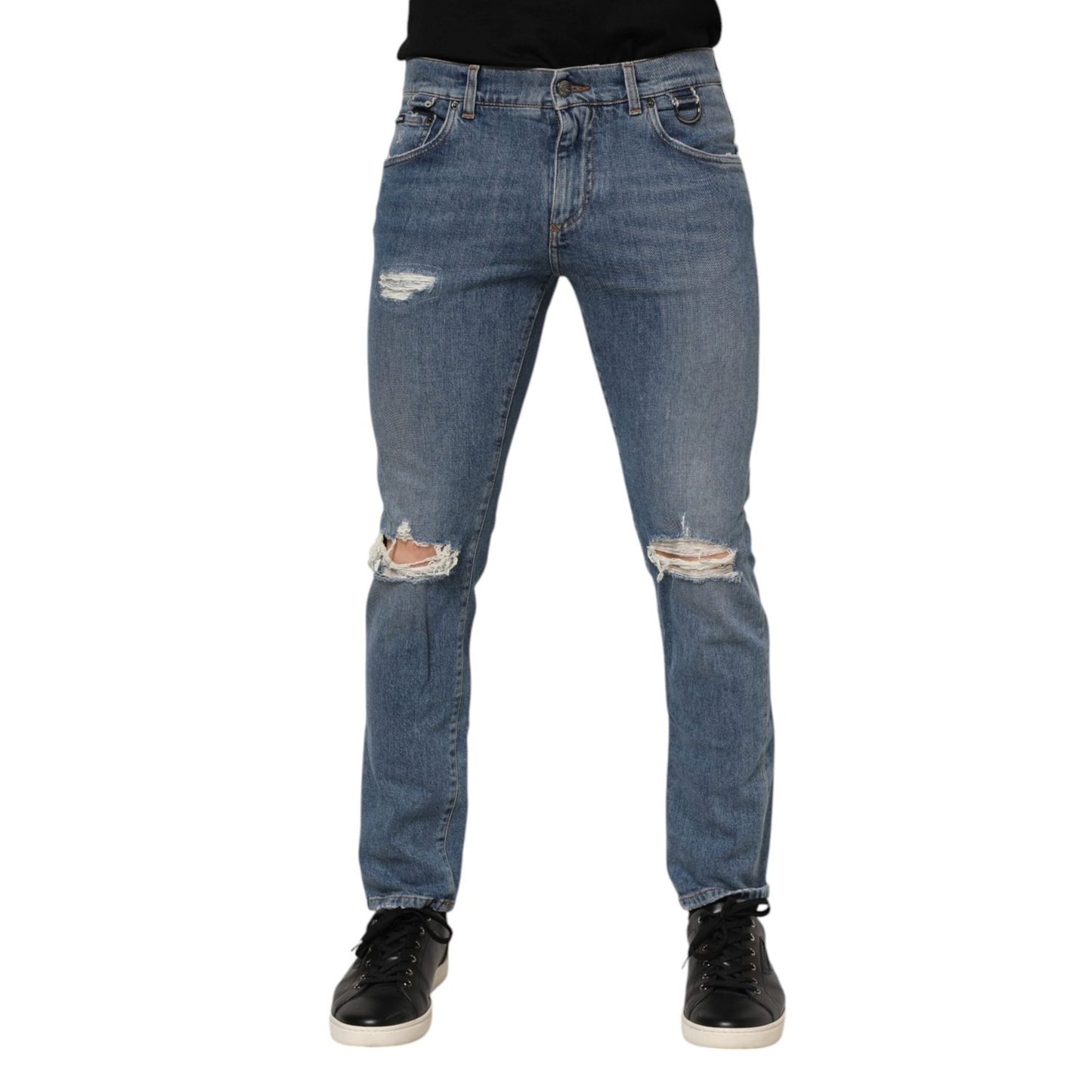 Dolce & Gabbana Blue Cotton Tattered Skinny Logo Denim Jeans PAN76363-48