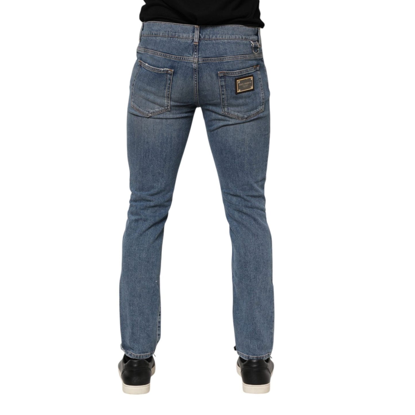 Dolce & Gabbana Blue Cotton Tattered Skinny Logo Denim Jeans PAN76363-48