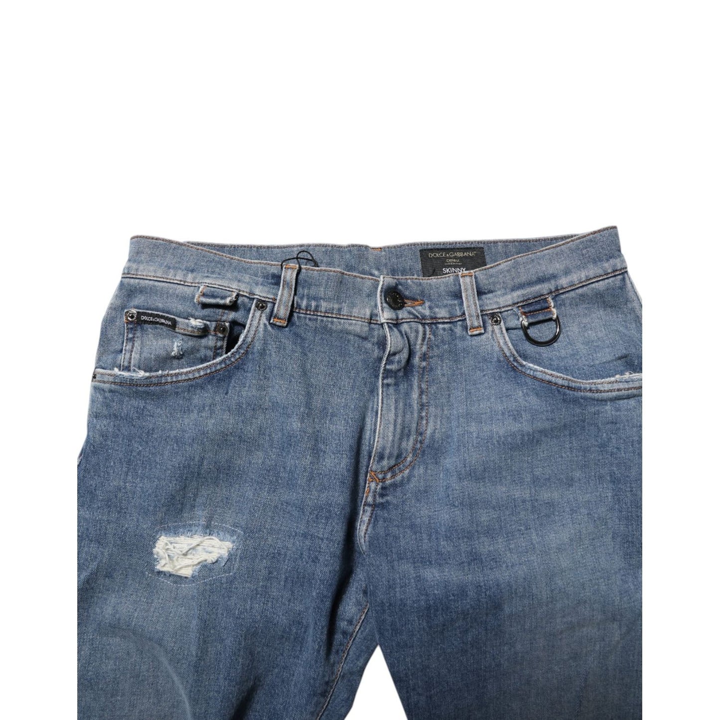 Dolce & Gabbana Blue Cotton Tattered Skinny Logo Denim Jeans PAN76363-48