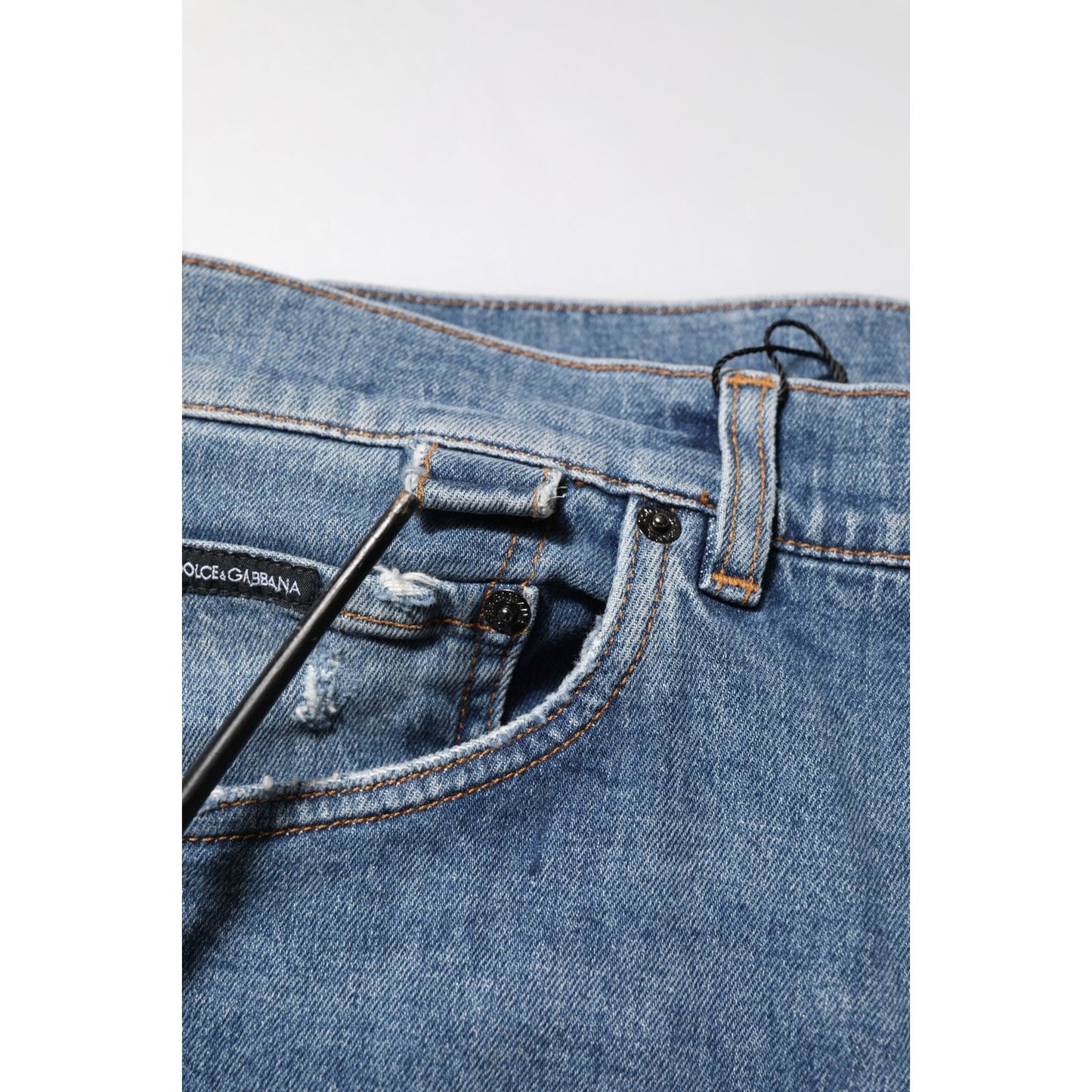 Dolce & Gabbana Blue Cotton Tattered Skinny Logo Denim Jeans PAN76363-48