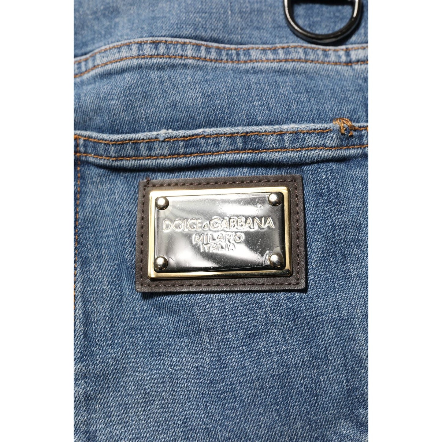 Dolce & Gabbana Blue Cotton Tattered Skinny Logo Denim Jeans PAN76363-48