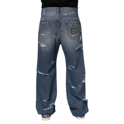 Dolce & Gabbana Blue Tattered Cotton Logo Plaque Denim Jeans