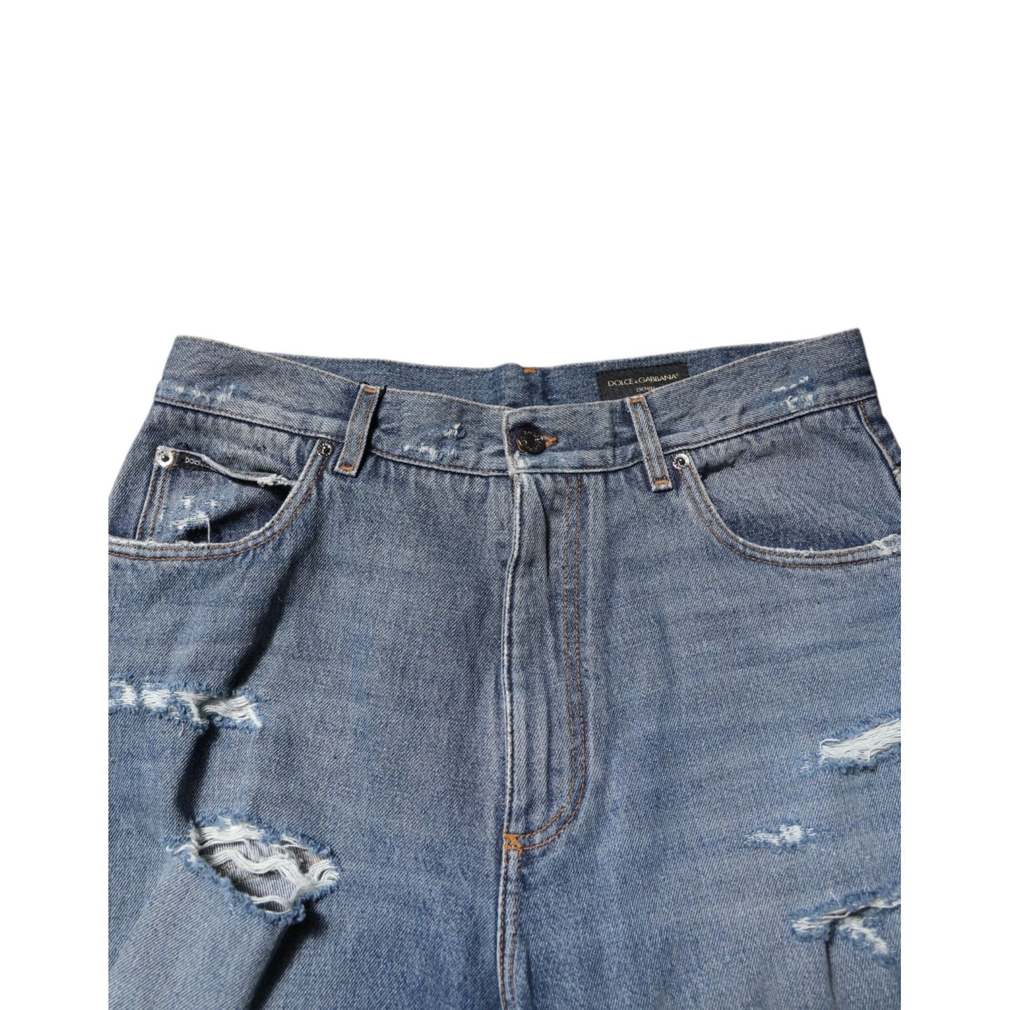 Dolce & Gabbana Blue Tattered Cotton Logo Plaque Denim Jeans