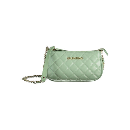 Mario Valentino Green Polyethylene Handbag with removable chain strap and logo, featuring internal pocket and phone holder, zip closure.
