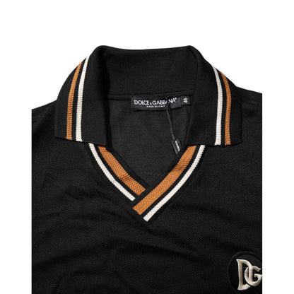 Dolce & Gabbana Black DG Silk V-neck Collared Men Polo T-shirt