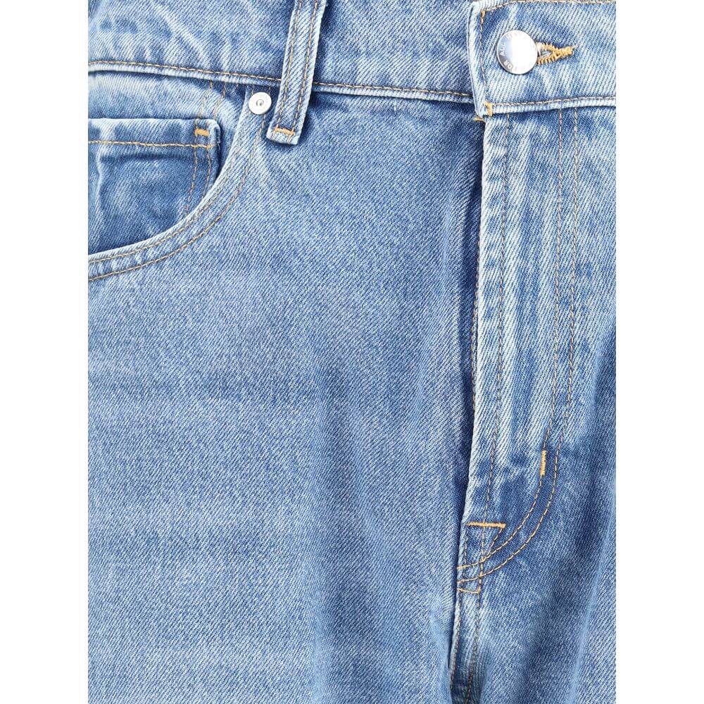 Close-up of 7FOR Light Blue Cotton Straight-Leg Jeans pockets and stitching detail