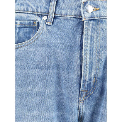 Close-up of 7FOR Light Blue Cotton Straight-Leg Jeans pockets and stitching detail